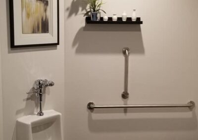 Modern, minimalistic bathroom with a white urinal and toilet, accompanied by a metal grab bar, decorative plant shelf, and framed artwork on the wall.