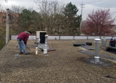 Two technicians working on an hvac unit on a gravel-covered rooftop with trees in the background.